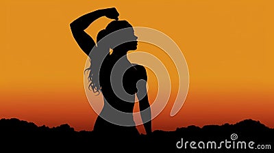 Silhouette of strong and empowered woman on orange sunset sky Stock Photo