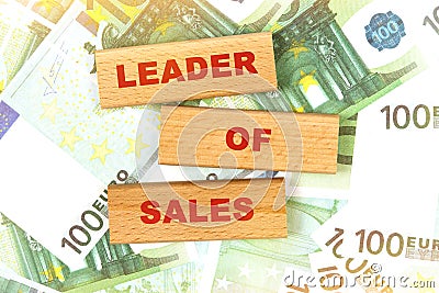 Against the background of euro bills, the text is written on wooden blocks - LEADER OF SALES Stock Photo