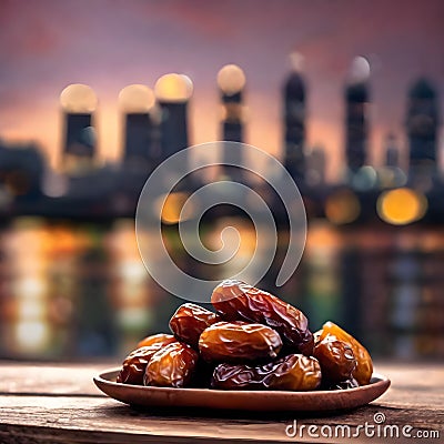 Against a City Backdrop and Dusk Cloudy Sky, Dates Fruit Sets the Scene for a Ramadan Atmosphere Stock Photo