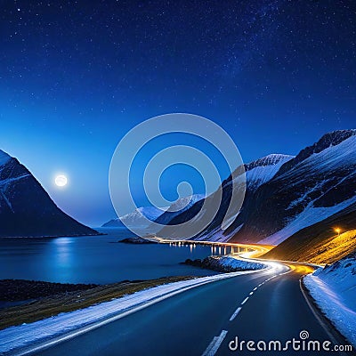 Against the sea at the foot of the mountains at night the road trailing car tail lights under a beautiful starry Cartoon Illustration