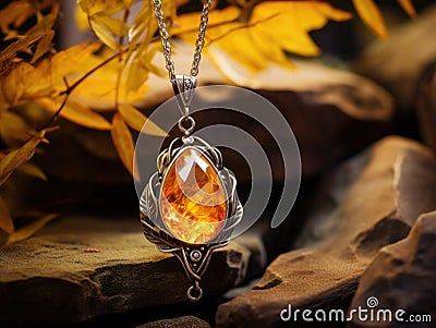 Amber Allure: Delicate Pendant on a Chain Amidst Dried Leaves on a Sandstone Canvas Stock Photo