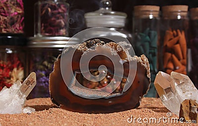 Agatized Coral With Quarts Crystals on Australian Red Sand Stock Photo