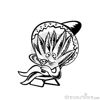 Agave Plant Wearing Sombrero Sitting and Sipping Martini Woodcut Black and White Vector Illustration