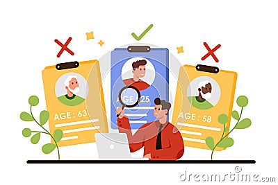 Age discrimination, ageism problem of HR manager with prejudice towards older employees Vector Illustration