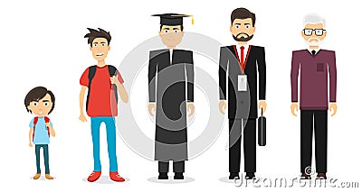 Age of the man. A boy, a teenager, a student, a mature man, an old man. Cartoon Illustration