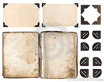 Aged book, photo album, vintage paper card, photo corner Stock Photo