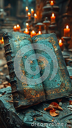 Aged Book of Spells Open on an Altar of Candles The words blur with the wax Stock Photo