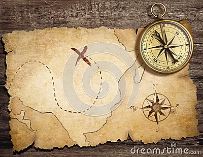 Aged brass antique nautical compass on table Stock Photo