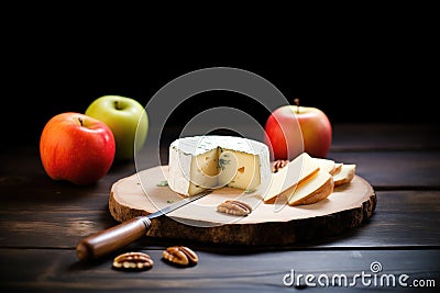 aged comte cheese with apple slices and walnut halves Stock Photo