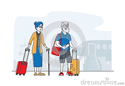 Aged Couple Voyage. Senior Male Female Tourist Characters with Luggage Boarding on Airplane for Trip Vector Illustration