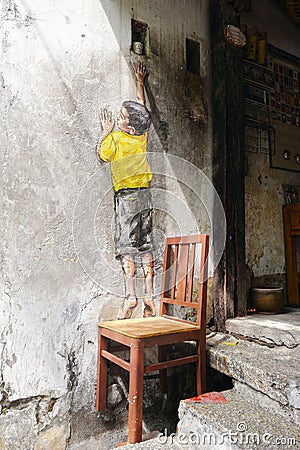 Aged, distressed mural painted on an interior wall featuring a variety of colors and textures Editorial Stock Photo