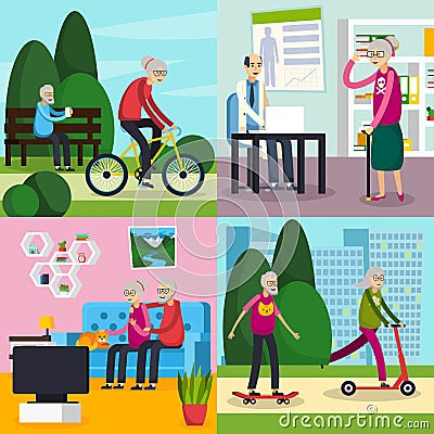 Aged Elderly People Orthogonal Composition Set Vector Illustration