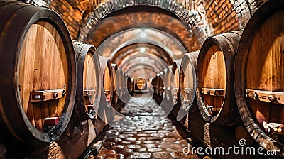 Aged Essence: Timeless Barrels in a Marsala Wine Cellar. Concept Wine Cellar, Aged Barrels, Marsala Stock Photo