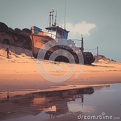 Aged fishing craft rests upon sandy coastline, nostalgic maritime scene Stock Photo