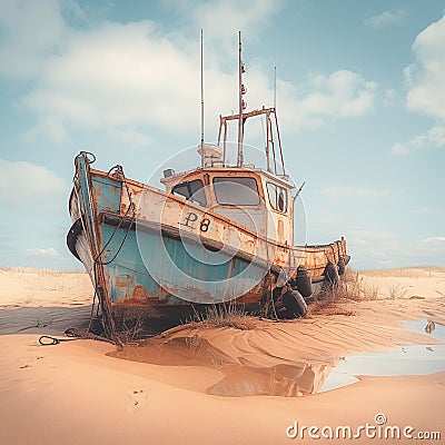 Aged fishing craft rests upon sandy coastline, nostalgic maritime scene Stock Photo