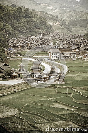 Aged image of Chinese Village on the rice terrace Stock Photo