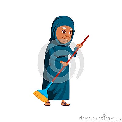 aged islamic woman sweeping backyard floor with broom cartoon vector Vector Illustration