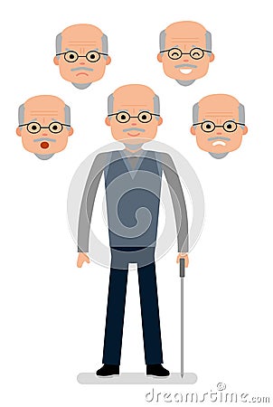 Aged Man with different facial expressions. Joy, sadness, anger, surprise, irritation. Vector Illustration
