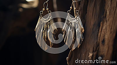 Aged Metal Feather Design Earrings With Dramatic Lighting Stock Photo