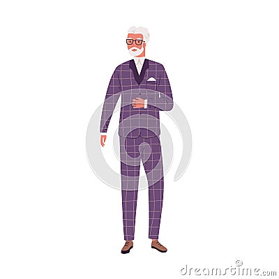 Aged modern man wearing stylish suit. Elderly male character standing in fashionable costume. Flat vector illustration Vector Illustration