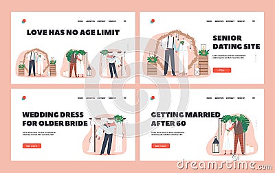 Aged Newlywed People Love Landing Page Template Set. Senior Characters Wedding Ceremony. Happy Bridal Couple Vector Illustration