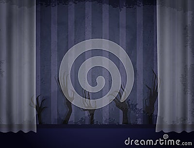 Aged old room with grunge wallpaper, transparent curtain and shadows of creepy hands for Halloween design Vector Illustration