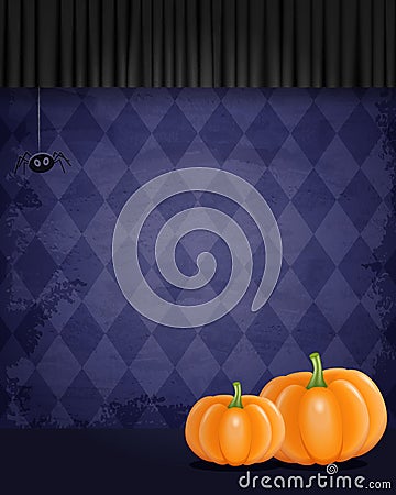 Aged old room with violet diamond-shaped grunge wallpaper, spider and pumpkins Vector Illustration