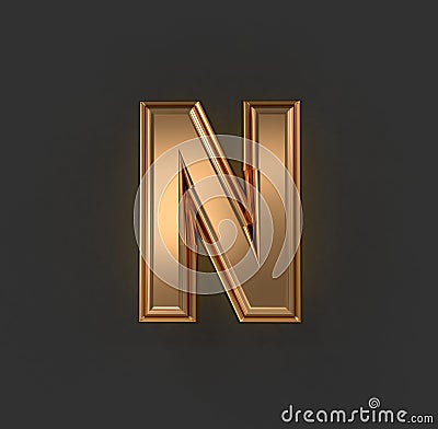 Aged orange gold or copper metal alphabet - letter N isolated on grey background, 3D illustration of symbols Cartoon Illustration