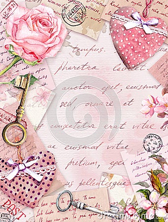 Aged paper with rose flowers, hand written letters, keys, roses, pink textile hearts. Vintage card Stock Photo