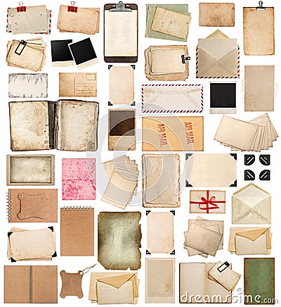 aged paper sheets, books, pages and old postcards isolated on white background Stock Photo