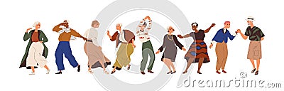 Aged people having fun at senior dance party. Happy old man and woman dancing with joy. Active elderly females and males Vector Illustration