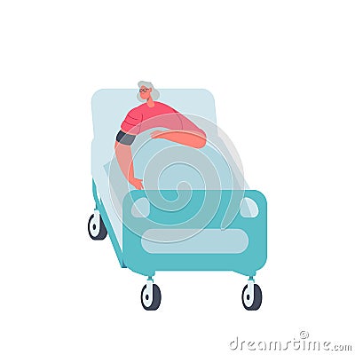 Aged People Medical Cure and Health Care. Diseased Old Woman Lying in Bed at Hospital Chamber or Ward, Hospitalization Vector Illustration