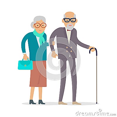 Aged People Walk Isolated. Happy Senior Man Woman Vector Illustration