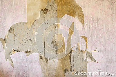 Aged room wall background with torn vintage wallpaper Stock Photo