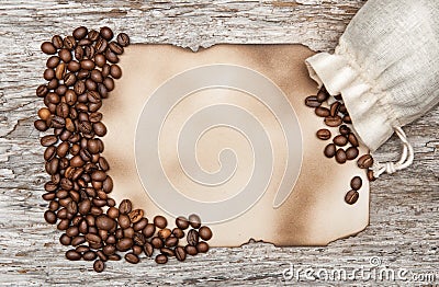 Aged sheet of paper with coffee beans Stock Photo