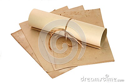 Aged sheets and scroll Stock Photo
