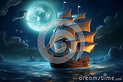 An aged ship sailing the sea under a radiant full moon Stock Photo