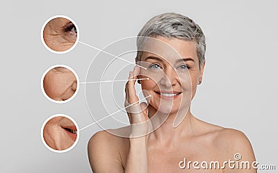 Aged Skin Care. Collage of beautiful mature woman with zoomed wrinkles zones Stock Photo