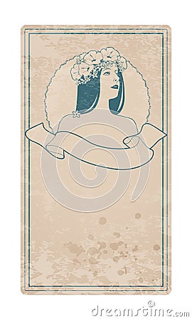 Aged and stained retro label with pretty girl adorned with flowers and empty text banner. Vintage style Vector Illustration