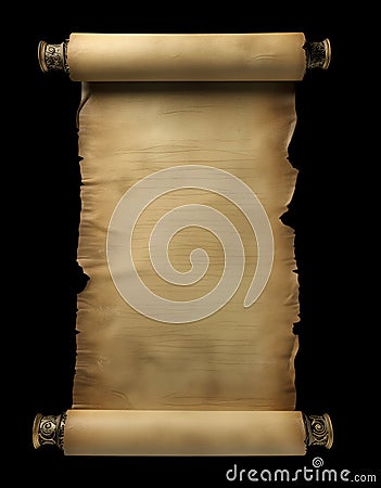 Aged, weathered scroll unfurled on a dark backdrop, with copy space for text Stock Photo