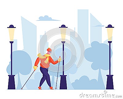 Aged Woman Engage Outdoors Sport. Elderly People Nordic Walk Open Air Workout with Sticks. Happy Senior Lady Vector Illustration