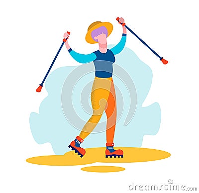 Aged Woman in Sports Wear Engage Nordic Walking Vector Illustration