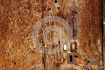 Aged wood door grunge texture rusty handle Stock Photo