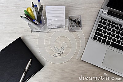 Agenda with not book and desk stuff on the table Stock Photo