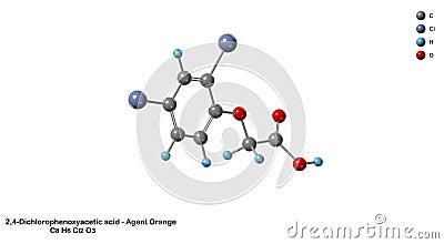 Agent Orange or 2,4-Dichlorophenoxyacetic Acid C8H6Cl2O3 Molecular Structure 3D Diagram Stock Photo