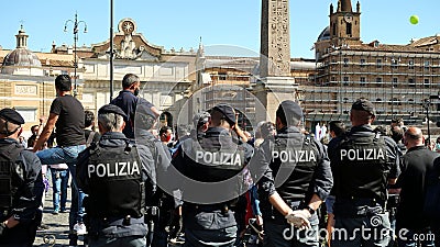 Agents of the ITALIAN POLICE preside over the demonstration of the ITALIAN RIGHT in Piazza del Popolo Editorial Stock Photo
