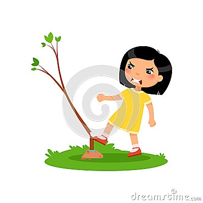 Aggressive boy breaking young tree flat vector illustration. Furious little asian girl damaging plant cartoon character Vector Illustration