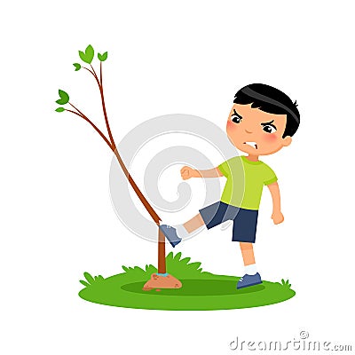 Aggressive boy breaking young tree flat vector illustration. Furious little asian kid damaging plant cartoon character Vector Illustration