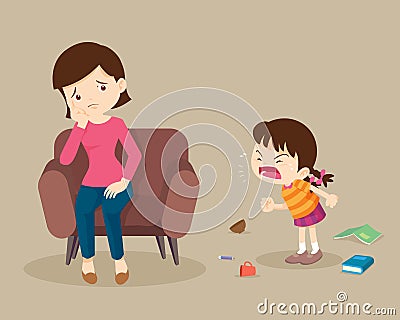 Aggressive boy screams to worry mother Vector Illustration