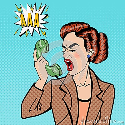 Aggressive Business Woman Screaming into the Phone. Pop Art Vector Illustration